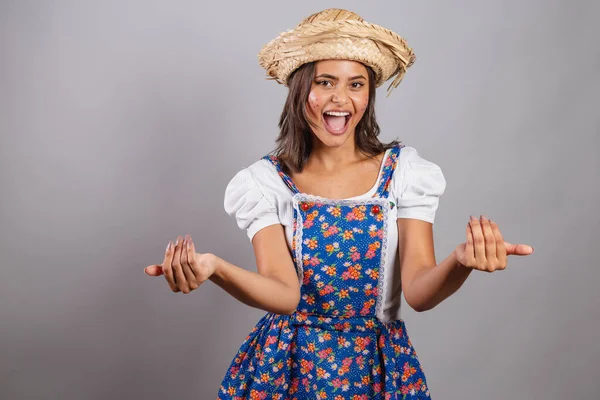 Brazilian Woman Wearing Country Clothes Joo Party Junina Party Inviting — Stock Photo, Image