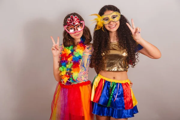Brazilian Girls Friends Dressed Carnival Clothes Peace Love — Stock Photo, Image