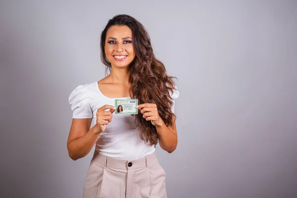 Brazilian Woman Brown Hair Holding Identity Card Brazilian Document — Stock Photo, Image