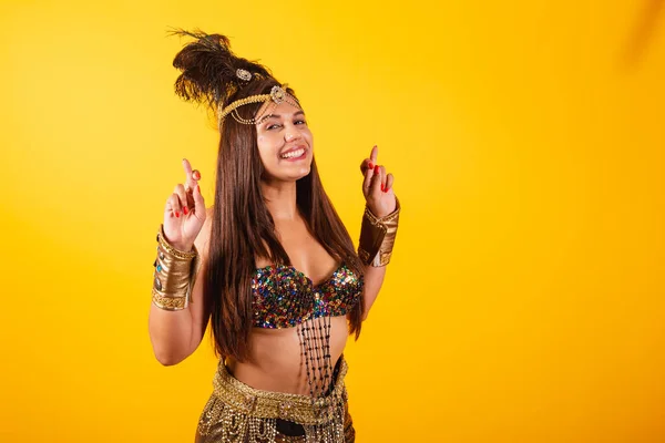 Beautiful Brazilian Woman Golden Carnival Clothes Fingers Crossed Lucky Sign — Stock Photo, Image