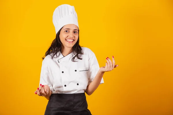 Femme Brésilienne Chef Cuisinier Invitant Avec Les Mains — Photo