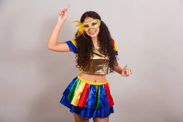 Young Teen Girl Brazilian Frevo Clothes Carnival Mask Dancing — Stock Photo, Image