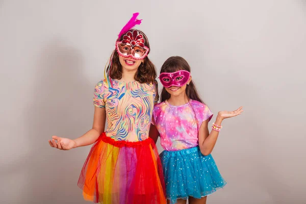 Two Brazilian Children Girls Dressed Carnival Clothes Open Arms Welcome — Stock Photo, Image