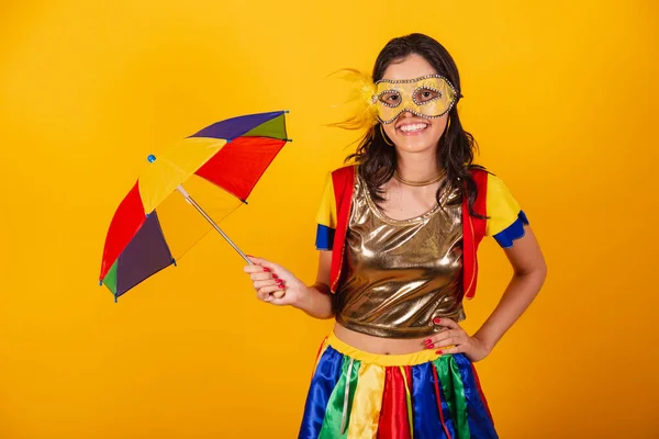 Belle Femme Brésilienne Vêtements Carnaval Avec Des Vêtements Frevo Parapluie — Photo
