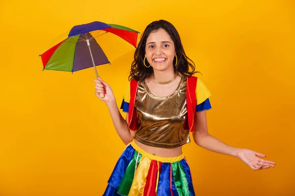 Beautiful Brazilian Woman Carnival Clothes Frevo Clothes Colorful Umbrella Welcome — Stock Photo, Image