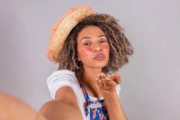 Young Black Brazilian Woman Country Clothes Dressed Festa Junina Saint — Stock Photo, Image