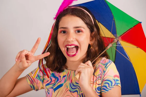 Brazylijskie Dziecko Dziewczyna Ubrana Karnawał Parasolem Frevo Zdjęcie Bliska — Zdjęcie stockowe