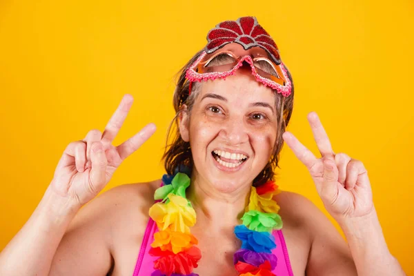 Adult Woman Carnival Clothes Smiling Camera Taking Self Portrait Stock Photo