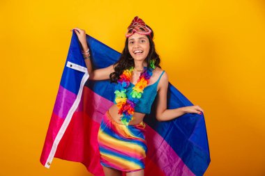 Karnaval kıyafetleri içinde biseksüel bayrağı olan güzel Brezilyalı bir kadın. LGBT