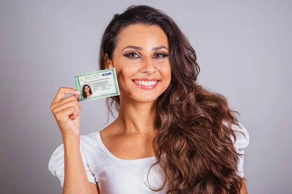Brazilian Woman Brown Hair Holding Identity Card Brazilian Document — Stock Photo, Image