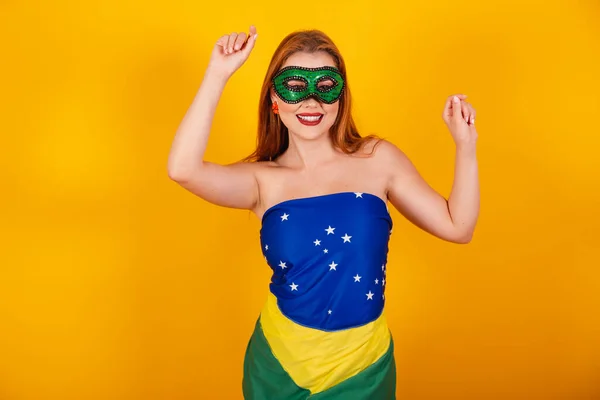 Beautiful Red Haired Brazilian Girl Carnival Clothes Made Flag Brazil — Stock Photo, Image