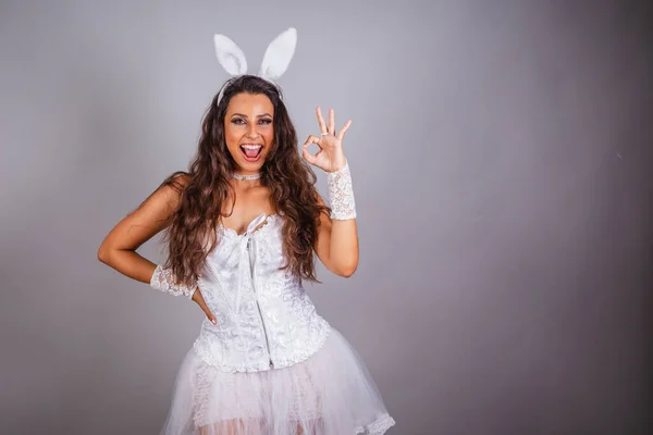 Brazilian Woman Bunny Clothes Fingers Sign — Stock Photo, Image