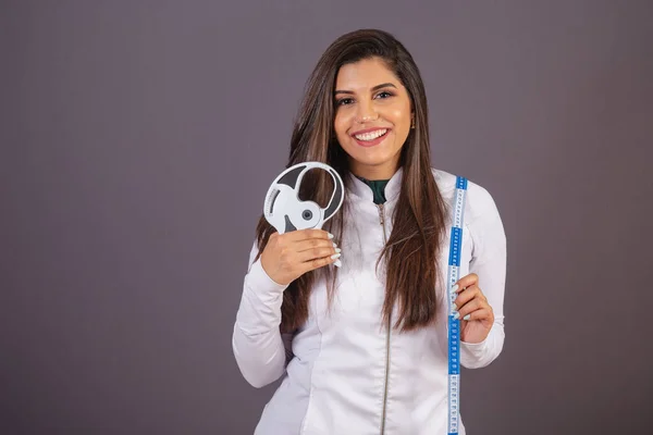 Horizontal Photo Brazilian Woman Medical Coat Nutritionist Adipometer Measuring Tape — Stock Photo, Image