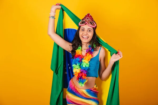 Όμορφη Βραζιλιάνα Γυναίκα Ρούχα Καρναβαλιού Σημαία Της Βραζιλίας — Φωτογραφία Αρχείου