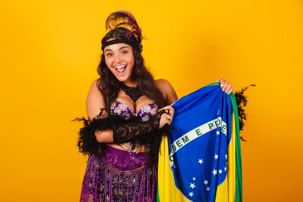 Brazilka Karnevalových Šatech Držící Vlajku — Stock fotografie