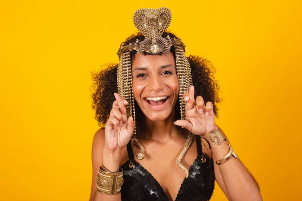 Beautiful Black Brazilian Woman Cleopatra Carnival Clothes Cheering Wishing Fingers — Stock Photo, Image
