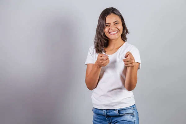 Beautiful Brazilian Woman Denim White Pointing Camera Choosing You Choice — Stock Photo, Image