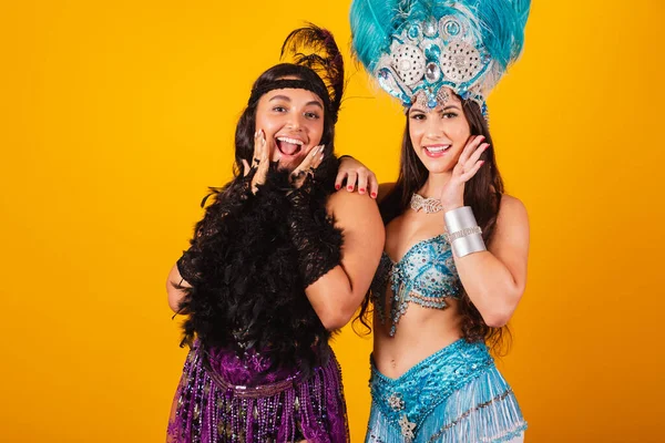 Twee Braziliaanse Vriendinnen Met Koninginnenkleren Van Samba School Carnaval Veren — Stockfoto