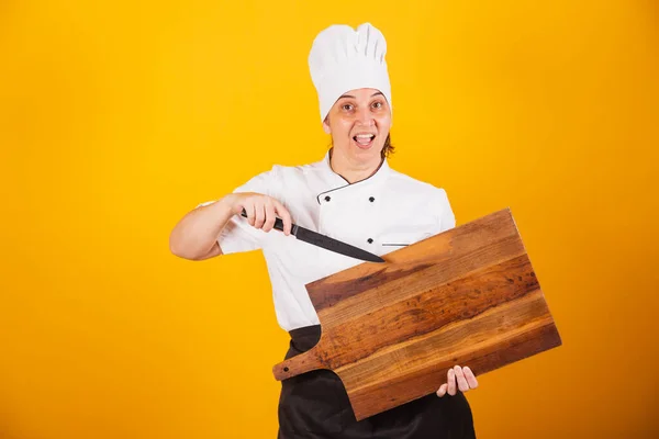 Femme Brésilienne Adulte Chef Maître Gastronomie Tenant Planche Découper Couteau — Photo