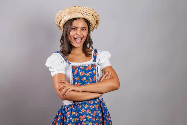 Brazilian Woman Wearing Country Clothes Joo Party Junina Party Crossed — Stock Photo, Image