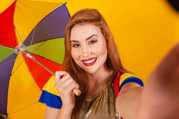 Brazilian Redhead Carnival Clothes Frevo Colorful Parasol Taking Selfie — Stock Photo, Image