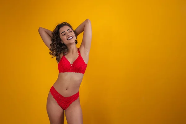 Schöne Frau Sexy Roten Dessous Mit Platz Für Text — Stockfoto