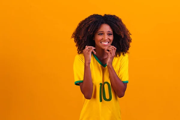 Brazilian Supporter Brazilian Woman Fan Celebrating Soccer Football Match Yellow — Stock Photo, Image