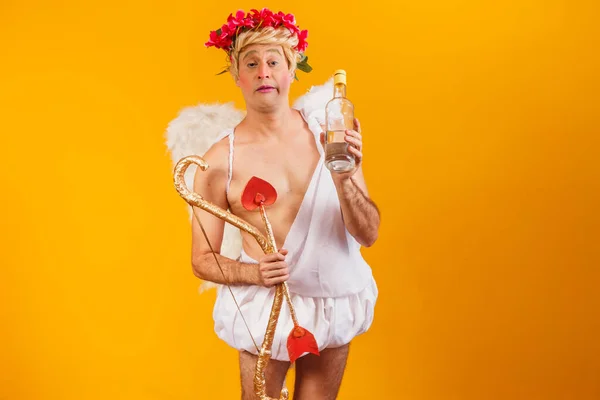 Cupido Bêbado Segurando Uma Garrafa Licor — Fotografia de Stock