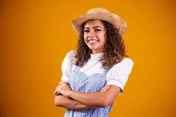 Brazilian Woman Wearing Typical Clothes Festa Junina Cross Arms — Stock Photo, Image