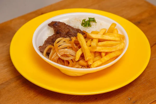Rice Beans French Fries Beef Steak — Stock Photo, Image