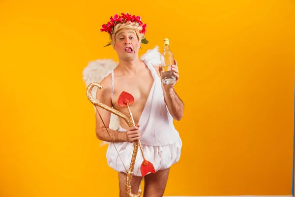 Cupido Borracho Sosteniendo Una Botella Licor — Foto de Stock