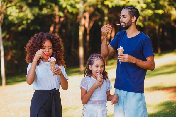 公園のアフロ一家がアイスクリームを食べ — ストック写真