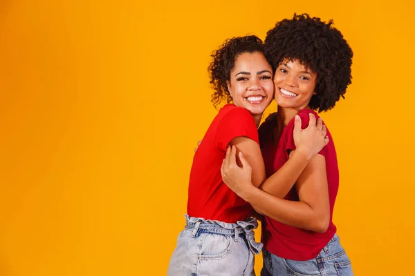 Stock image afro lesbian couple on yellow background. homo-affective couple