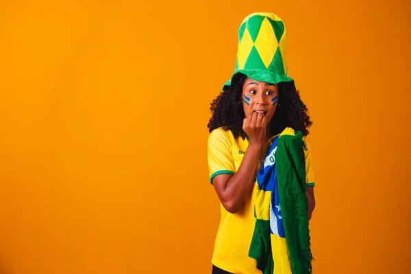 Brazilian Fan Wearing Flag Brazil Portrait Brazilian Fan Anxious Anxious — Stock Photo, Image