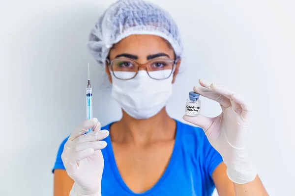 Enfermera Con Vacuna Jeringa Covid Coronavac —  Fotos de Stock