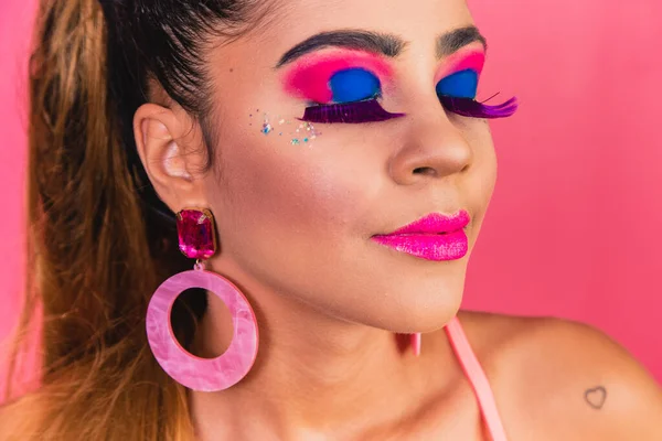 stock image Beautiful woman with various colors in makeup. Colorful makeup inspirations for party. Carnival Makeup