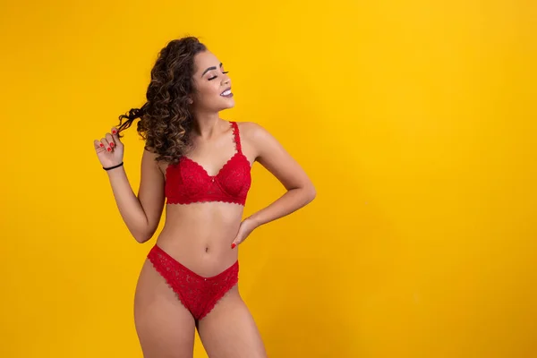 Mooie Vrouw Sexy Rode Lingerie Met Ruimte Voor Tekst — Stockfoto