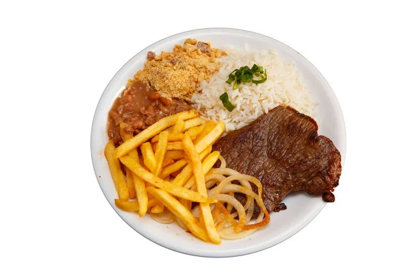 Reis Bohnen Pommes Und Rindersteak — Stockfoto