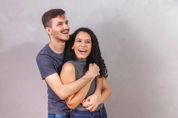 Young Couple Lovers Love Gray Background Valentine Day — Stock Photo, Image