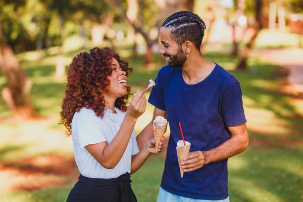 Valentine Couple Eating Ice Cream Park — Stock Photo, Image