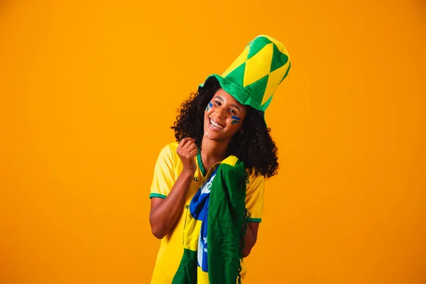 Fan Brasiliano Tifoso Brasiliano Che Celebra Calcio Partita Calcio Sfondo — Foto Stock