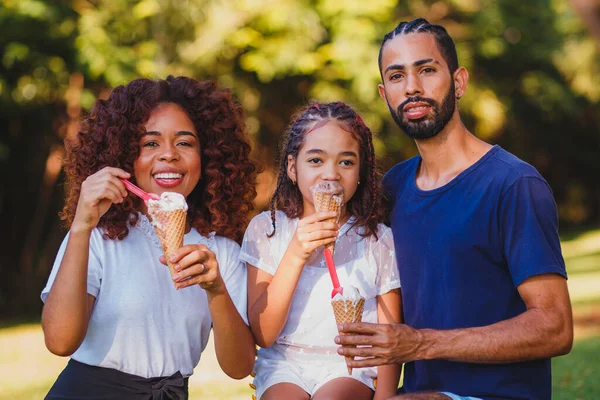 公園のアフロ一家がアイスクリームを食べ — ストック写真