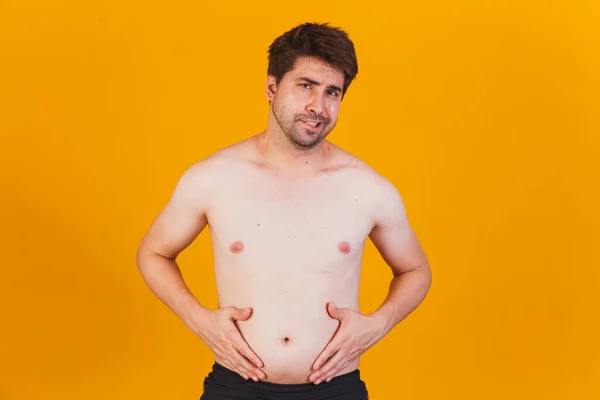 Man Die Zijn Dikke Buik Aanraakt Close Obese Man Hand — Stockfoto