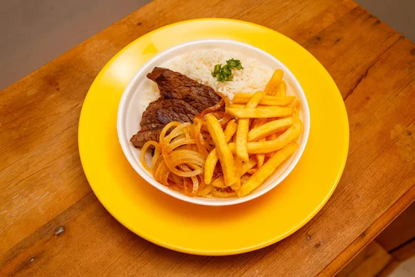 Rice Beans French Fries Beef Steak — Stock Photo, Image