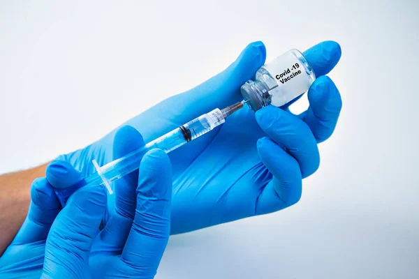 Vaccination New Corona Virus Vacine Covid19 Syringe Being Drawn Vacine — Stock Photo, Image