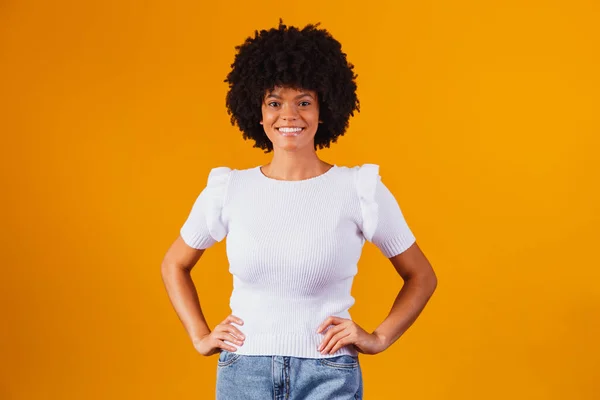 Afro Woman Black Power Hair Smiling Looking Camera — Stock Photo, Image