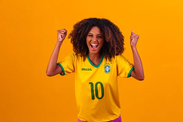Brasilianischer Unterstützer Brasilianische Fan Feiert Auf Fußball Oder Fußballspiel Auf — Stockfoto