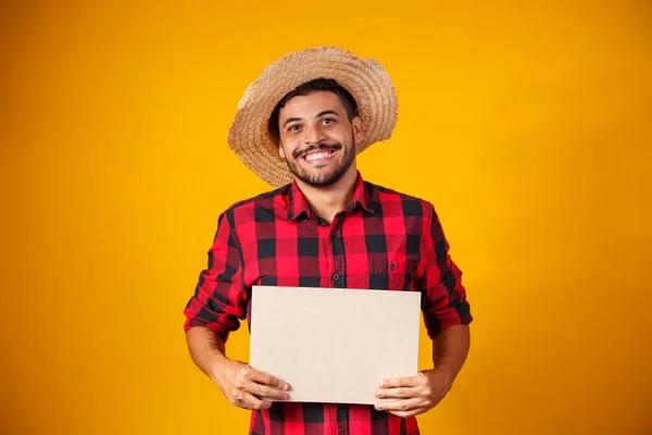 Brazilian Man Wearing Typical Clothes Festa Junina Holding Sign Space — Stock Photo, Image