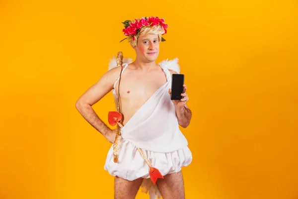 Cupid Holding Cell Phone Valentine Day Promotion — Stock Photo, Image