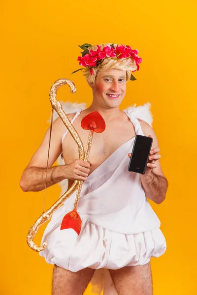 Cupid Holding Cell Phone Valentine Day Promotion — Stock Photo, Image